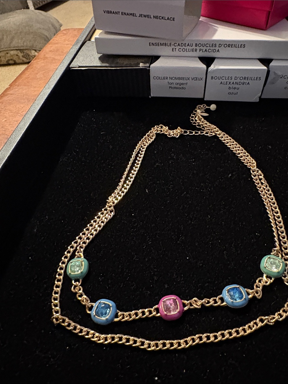 Gold-Tone Multicolor Enamel Station Necklace with Pink Center